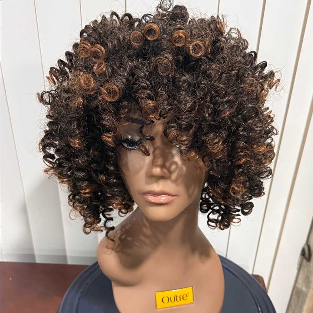 #104 Curly Short Afro Wig - Brown with Copper Highlights